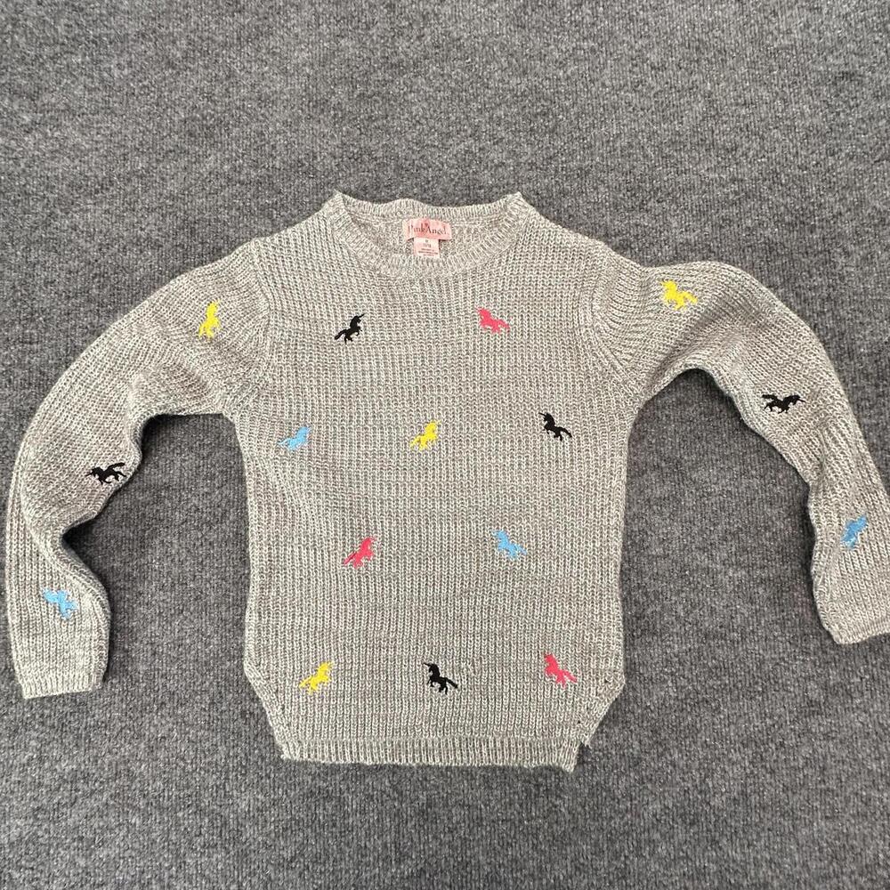 Pink Angel Girls Heather Gray Embroidered Unicorn Knit Sweater Size M 10/12 #597